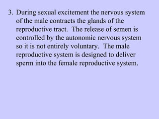 3. During sexual excitement the nervous system 
of the male contracts the glands of the 
reproductive tract. The release of semen is 
controlled by the autonomic nervous system 
so it is not entirely voluntary. The male 
reproductive system is designed to deliver 
sperm into the female reproductive system. 
 