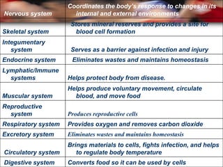 Coordinates the body’s response to changes in its
Nervous system         internal and external environments
                      Stores mineral reserves and provides a site for
Skeletal system         blood cell formation
Integumentary
   system             Serves as a barrier against infection and injury
Endocrine system      Eliminates wastes and maintains homeostasis
Lymphatic/Immune
  systems            Helps protect body from disease.
                     Helps produce voluntary movement, circulate
Muscular system        blood, and move food
Reproductive
  system             Produces reproductive cells
Respiratory system   Provides oxygen and removes carbon dioxide
Excretory system     Eliminates wastes and maintains homeostasis
                     Brings materials to cells, fights infection, and helps
Circulatory system      to regulate body temperature
Digestive system     Converts food so it can be used by cells
 