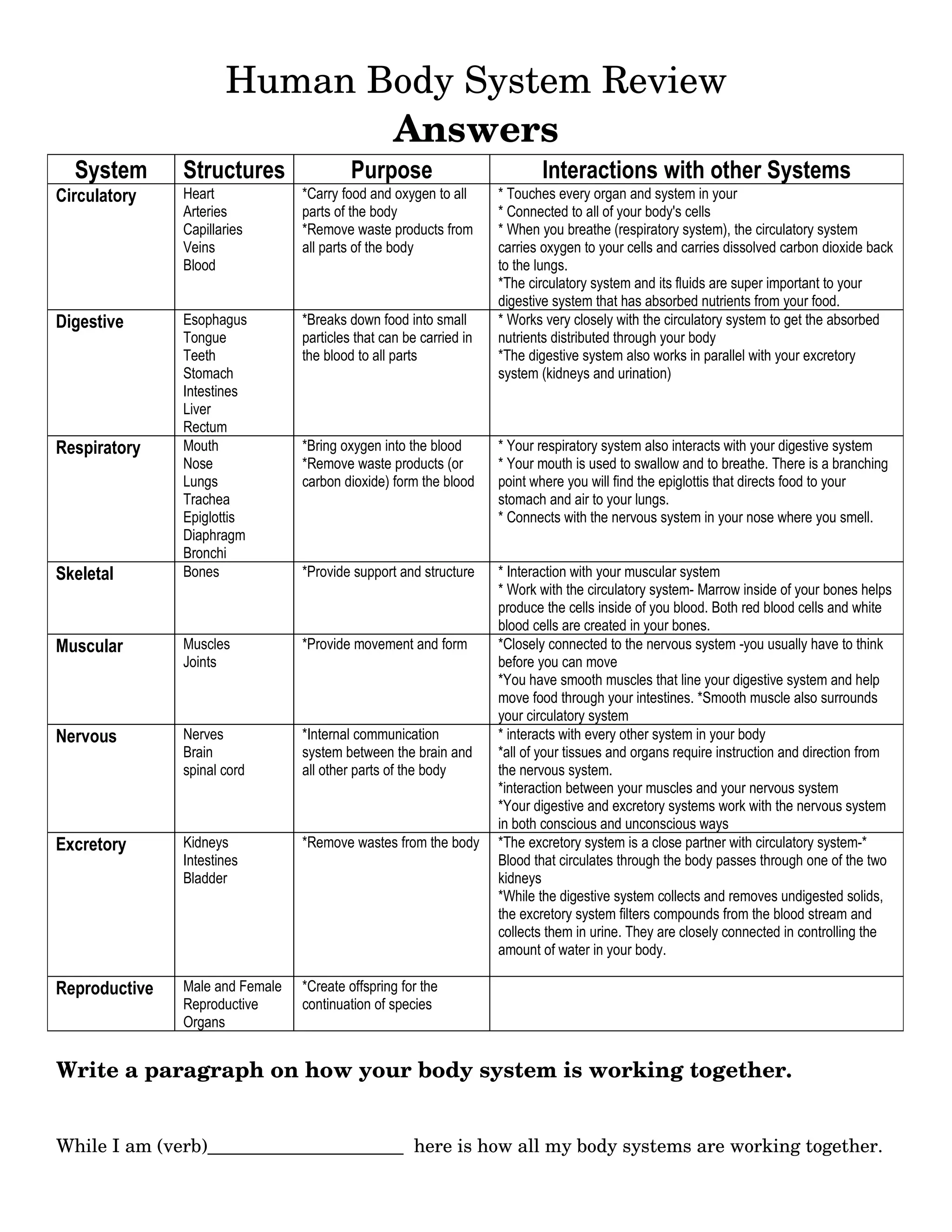 Human Body Systems Answer Pre Post Test | DOC