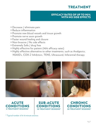 TREATMENT

                                                   Efficacy rates of up to 90%
                                                          with no side effects


      •   Decrease / eliminate pain
      •   Reduce inflammation
      •   Promote new blood vessels and tissue growth
      •   Promote nerve axon growth
      •   Faster wound healing and closure
      •   Non-Invasive / No side effects
      •   Extremely Safe / drug free
      •   Highly effective for patient (90% efficacy rates)
      •   Highly effective alternative to other treatments; such as Analgesics, 		
          NSAID’s, COX- 2 Inhibitors, TENS, Ultrasound, Inferential therapy




  Acute                               Sub-acute                 CHRONIC
CONDITIONS 	                         CONDITIONS 	              CONDITIONS 	
5 Treatment sessions*                 10 Treatment sessions*   20 Treatment sessions*


* Typical number of 8-10 minute sessions


                                                                                 Pg.7
 
