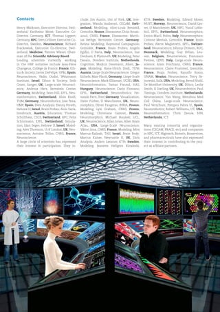 Contacts                                       clude: Jim Austin, Uni of York, UK, Inte-     KTH, Sweden, Modeling; Edvard Moser,
                                               gration; Wanda Andreoni, CECAM, Swit-         NUST, Norway, Neuroscience; David Les-
Henry Markram, Executive Director, Swit-       zerland, Modeling; Alim-Louis Benabid,        ter, U Manchester, UK, HPC; Yusuf Leble-
zerland, Karlheinz Meier, Executive Co-        Grenoble, France, Diseasome; Driss Bouss-     bici, EPFL, Switzerland, Neuromorphics;
Director, Germany, ICT, Thomas Lippert,        aoud, CNRS, France, Diseasome; Matth-         Enrico Macil, Polito, Italy, Neuromorphics;
Germany, HPC; Sten Grillner, Executive Co-     ias Bethge, Bernstein Center, Germany,        Corinne Mestais, Grenoble, France; Brain
Director, Sweden, Neuroscience, Richard        Retina Modeling; Raymond Campagnolo,          Probes; Pierre Magistretti, EPFL, Switzer-
Frackowiak, Executive Co-Director, Swit-       Grenoble, France, Brain Probes; Angelo        land, Neuroscience; Johnny Ottesen, RUC,
zerland, Medicine, Torsten Wiesel, Chair-      Egidio, U Pavia, Italy, Neuroscience; Sue     Denmark, Modeling; Guy Orban, Leu-
man of the Scientiﬁc Advisory Board.           Denham, U Plymouth, UK, Modeling; Peter       ven, Belgium, Neuroscience; Francesco
Leading scientists currently working           Desain, Donders Institute, Netherlands,       Pavone, LENS, Italy, Large-scale Neuro-
in the HBP initiative include Jean-Piere       Cognition; Markus Diesmann, Riken, Ja-        science; Alain Prochianz, CNRS, France,
Changeux, Collège de France, France, Eth-      pan, Modeling; Hans-Ulrich Dodt, TUW,         Neuroscience; Claire Prummel, Grenoble,
ics & Society; Javier DeFelipe, UPM, Spain,    Austria, Large-Scale Neuroscience; Gregor     France, Brain Probes; Ranolfo Romo,
Neuroscience; Yadin Dudai, Weizmann            Eichele, Max-Plank, Germany, Large-Scale      UNAM, Mexico, Neuroscience; Terry Se-
Institute, Israel, Ethics & Society; Seth      Neuroscience; Mark Ellisman, UCSD, USA,       jnowski, Salk, USA, Modeling; Bernd Stahl,
Grant, Sanger, UK, Large-scale Neurosci-       Neuroinformatics; Tamas Freund, HAS,          De Montfort University, UK, Ethics; Leslie
ence; Andreas Herz, Bernstein Center,          Hungary, Neuroscience; Dario Floreano,        Smith, U Sterling, UK, Neurorobotics; Paul
Germany, Modeling; Sean Hill, EPFL, Neu-       EPFL, Switzerland, Neurorobotics; Fer-        Tiesinga, Donders Institute, Netherlands,
roinformatics, Switzerland; Alois Knoll,       nando Ferri, Trier, Germany, Visualization;   Neuroscience; Yun Wang, Wenzhou Med
TUM, Germany, Neurorobotics; Jose Pena,        Steve Furber, U Manchester, UK, Neuro-        Coll China, Large-scale Neuroscience;
UMP; Spain, Data Analysis; Danny Porath,       morphics; Oliver Faugeras, INRIA, France,     Paul Verschure, Pompeu Fabra U., Spain,
Hebrew U, Israel, Brain Probes; Alois Saria,   Modeling; Lyle Graham, CNRS, France,          Neurorobotics; Robert Williams, UT, USA,
Innsbruck, Austria, Education; Thomas          Modeling; Christiane Gamrat, France,          Neuroinformatics; Chris Zeeuw, NIN,
Schülthess, CSCS, Switzerland, HPC; Felix      Neuromorphics; Michael Hausser, UCL,          Netherlands, ICT.
Schürmann, EPFL, Switzerland, Simula-          UK, Neuroscience; Allan Jones, Allen Brain
tion; Idan Segev, Hebrew U, Israel, Model-     Atlas, USA, Large-Scale Neuroscience;         Many existing consortia and organiza-
ing; Alex Thomson, U of London, UK, Neu-       Viktor Jirsa, CNRS, France, Modeling; Mira    tions (CECAM, PRACE, etc) and companies
roscience; Antoine Triller, CNRS, France,      Marcus-Kalissh, TAU, Israel, Brain Body;      in HPC, ICT, Hightech, Biotech, Bioservices,
Neuroscience.                                  Marcus Kaiser, Newcastle U, UK, Data          and pharmaceuticals have also expressed
A large circle of scientists has expressed     Analysis; Anders Lansner, KTH, Sweden,        their interest in contributing to the proj-
their interest in participation. They in-      Modeling; Jeanette Hellgren Kotaleski,        ect as afﬁliate partners.




6
 