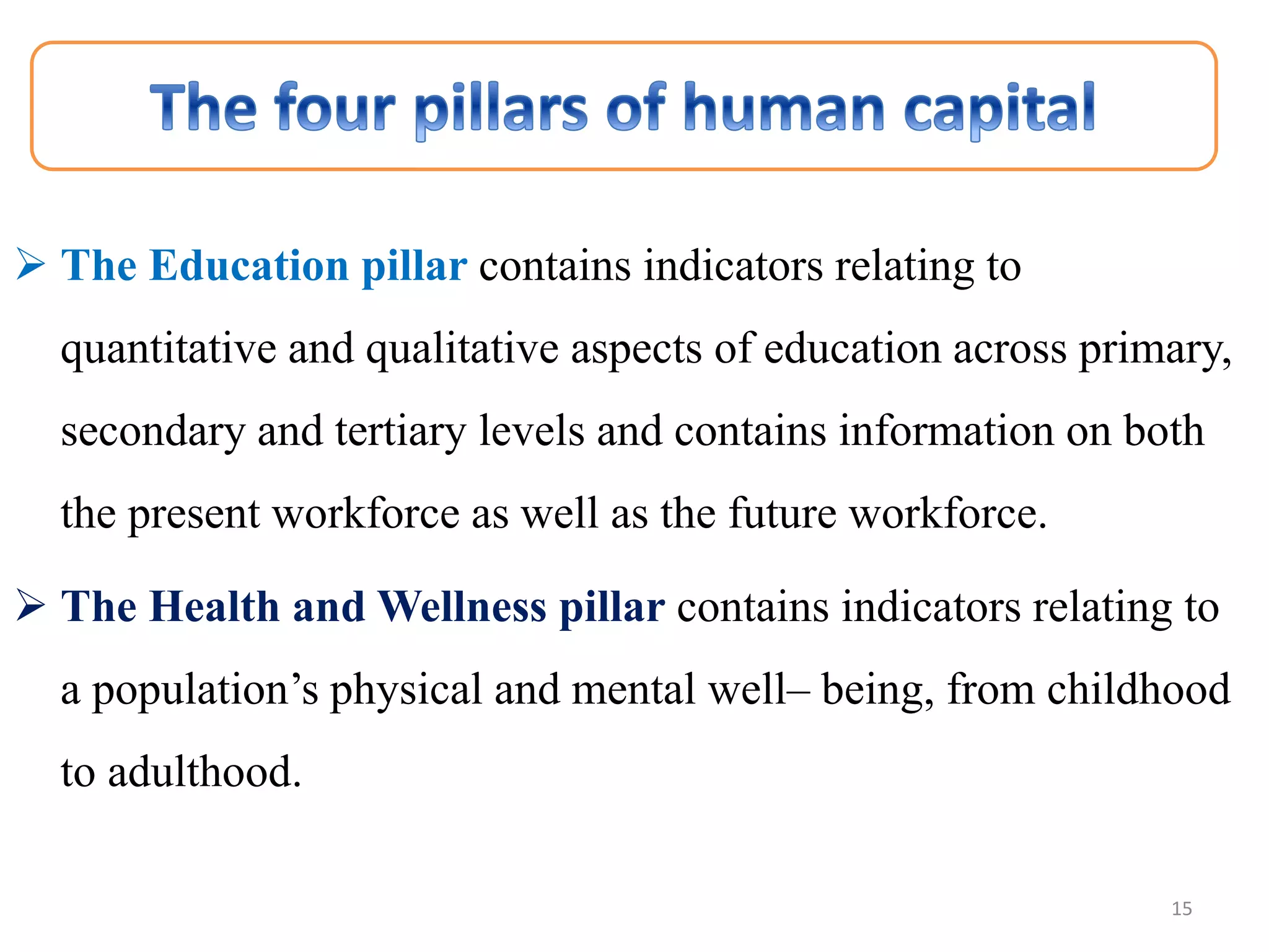  The Education pillar contains indicators relating to
quantitative and qualitative aspects of education across primary,
secondary and tertiary levels and contains information on both
the present workforce as well as the future workforce.
 The Health and Wellness pillar contains indicators relating to
a population’s physical and mental well– being, from childhood
to adulthood.
15
 
