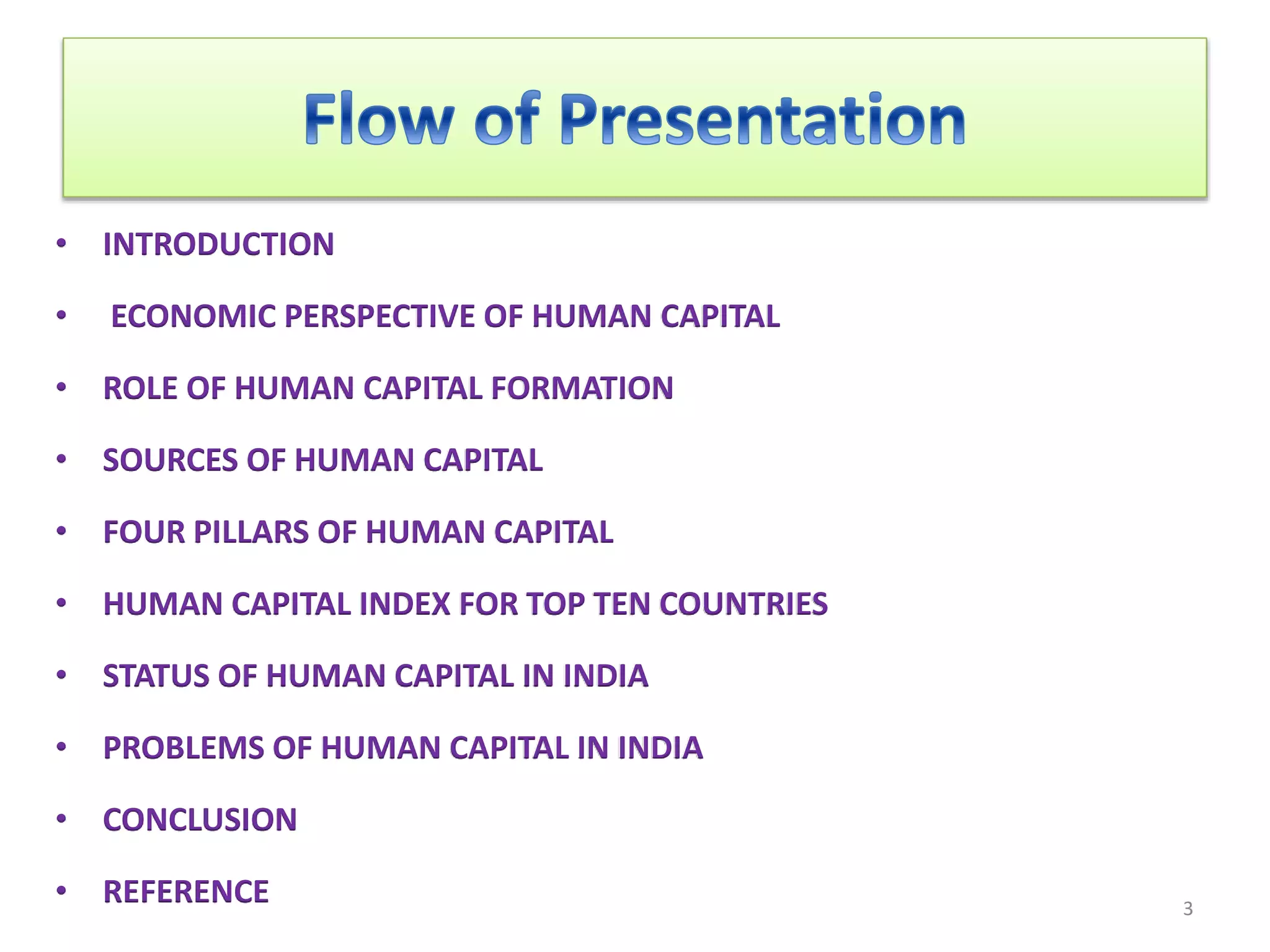 • INTRODUCTION
• ECONOMIC PERSPECTIVE OF HUMAN CAPITAL
• ROLE OF HUMAN CAPITAL FORMATION
• SOURCES OF HUMAN CAPITAL
• FOUR PILLARS OF HUMAN CAPITAL
• HUMAN CAPITAL INDEX FOR TOP TEN COUNTRIES
• STATUS OF HUMAN CAPITAL IN INDIA
• PROBLEMS OF HUMAN CAPITAL IN INDIA
• CONCLUSION
• REFERENCE 3
 
