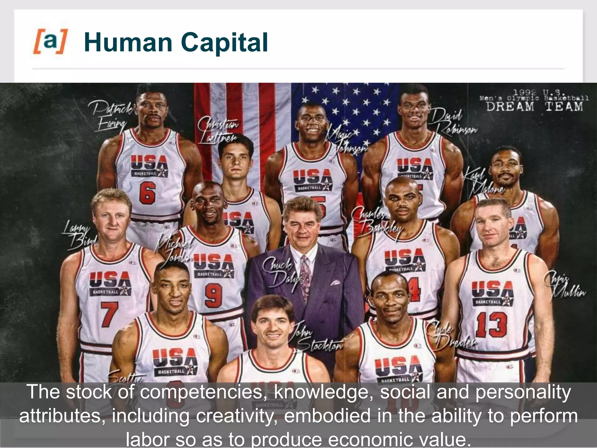 Human Capital

The stock of competencies, knowledge, social and personality
attributes, including creativity, embodied in the ability to perform
17
labor so as to produce economic value.

 