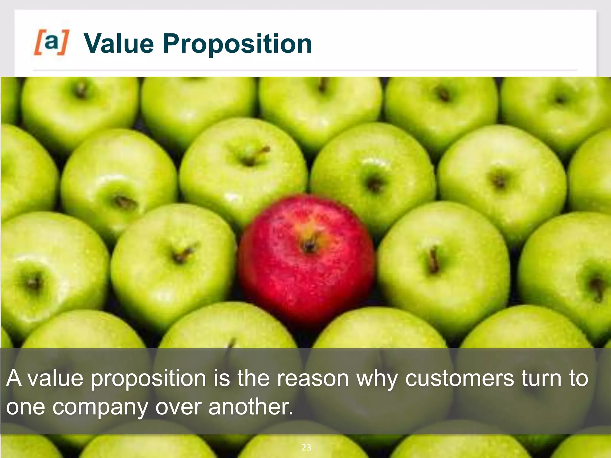 Value Proposition

A value proposition is the reason why customers turn to
one company over another.
23

 