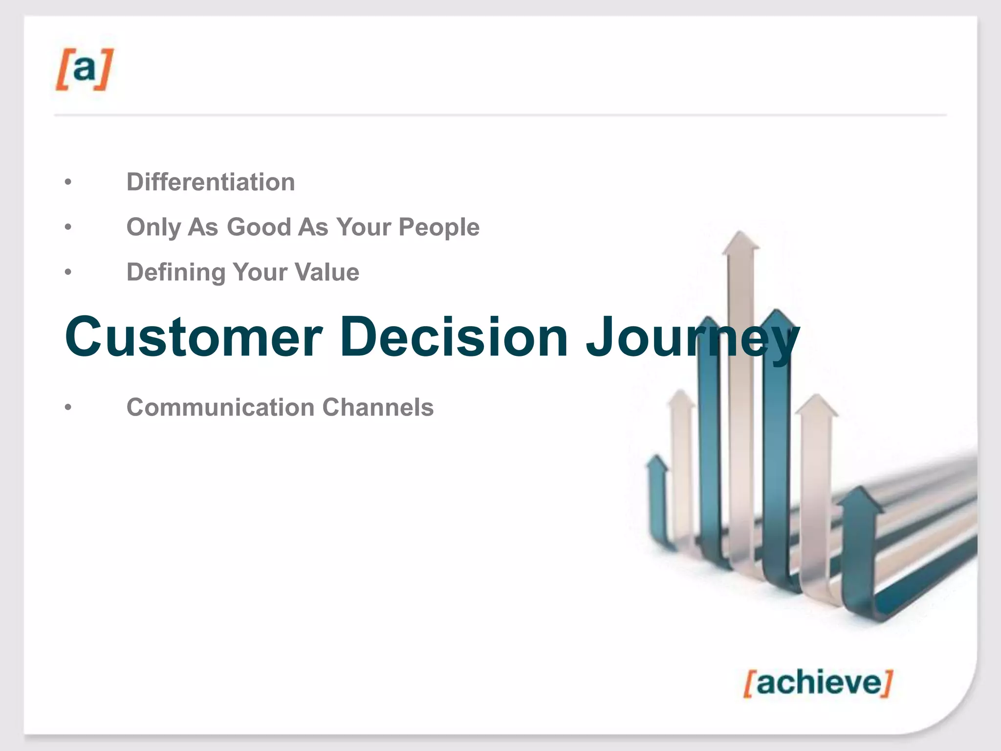 •

Differentiation

•

Only As Good As Your People

•

Defining Your Value

Customer Decision Journey
•

Communication Channels

 