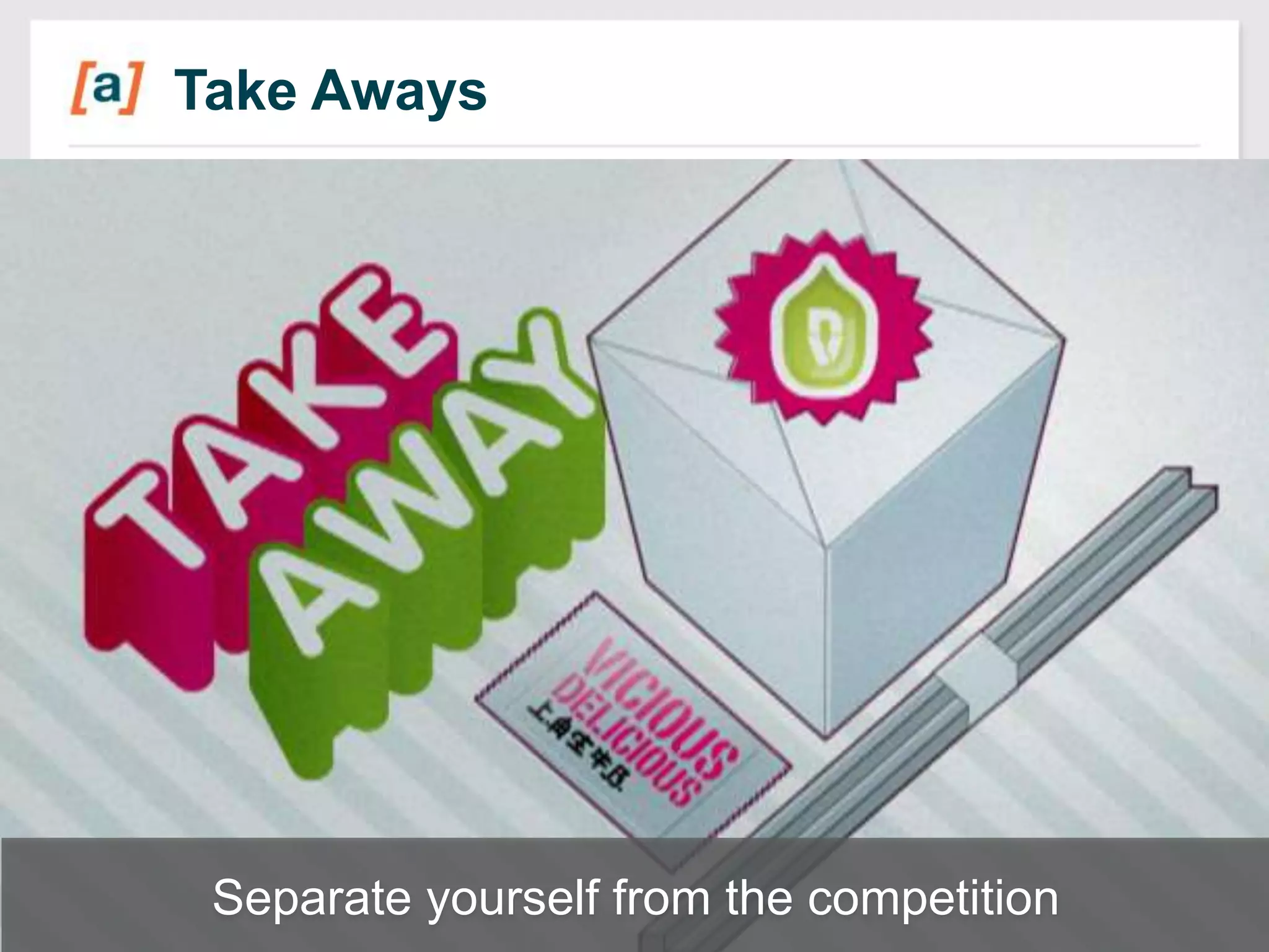 Take Aways

33

Separate yourself from the competition

 