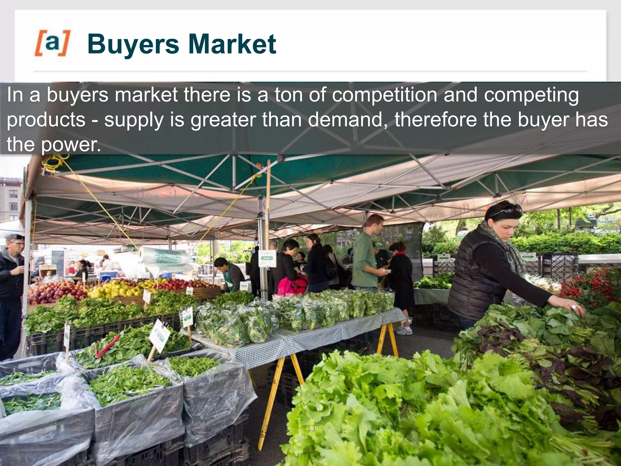 Buyers Market
In a buyers market there is a ton of competition and competing
products - supply is greater than demand, therefore the buyer has
the power.

11

 