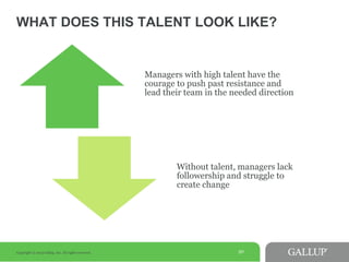WHAT DOES THIS TALENT LOOK LIKE?
31Copyright © 2013 Gallup, Inc. All rights reserved.
Managers with high talent drive thei...