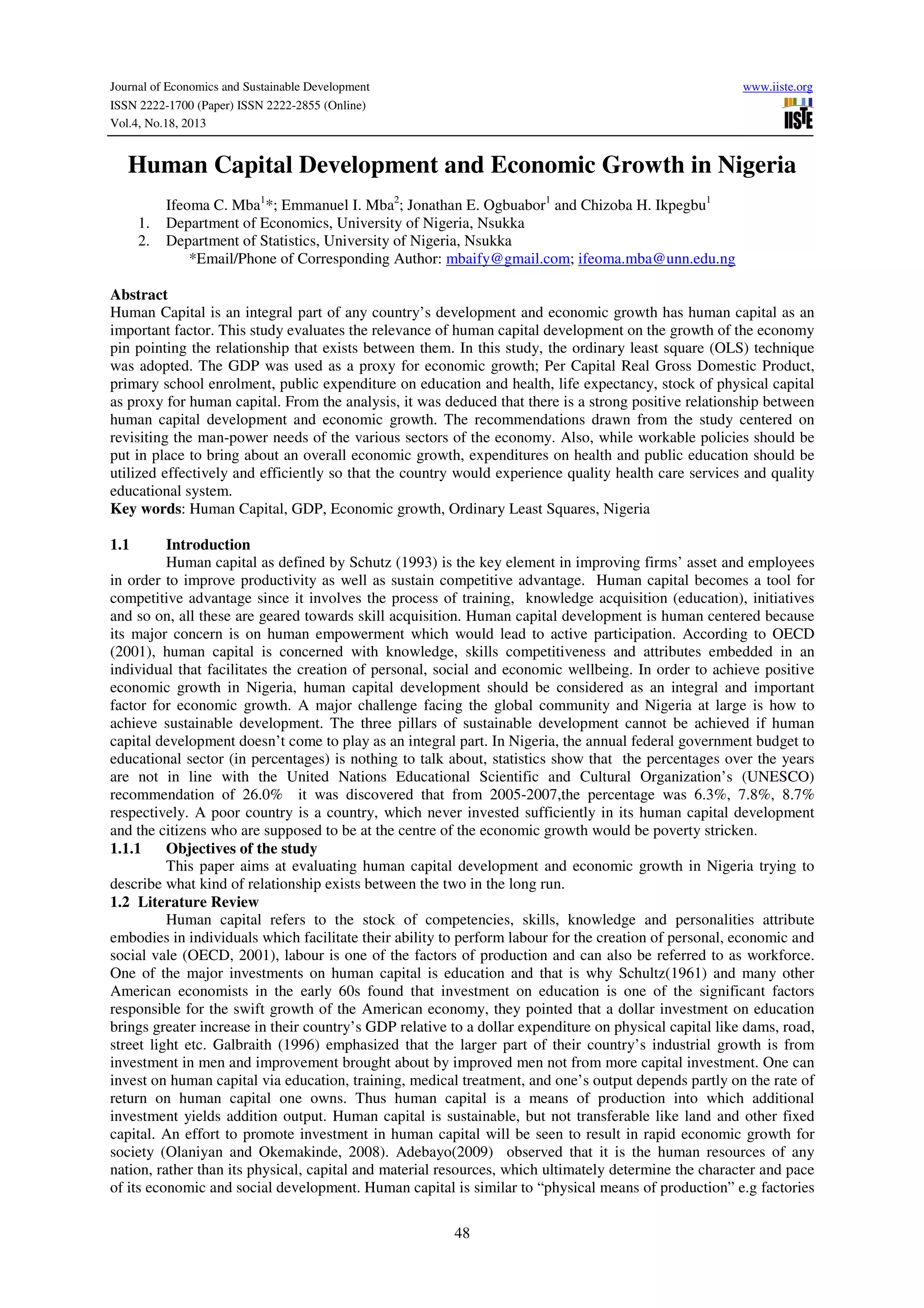Human capital development and economic growth in nigeria | PDF