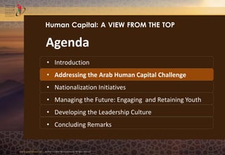 www.emiratesid.ae © 2013 Emirates Identity Authority. All rights reserved
Agenda
• Introduction
• Addressing the Arab Human Capital Challenge
• Nationalization Initiatives
• Managing the Future: Engaging and Retaining Youth
• Developing the Leadership Culture
• Concluding Remarks
Human Capital: A VIEW FROM THE TOP
 