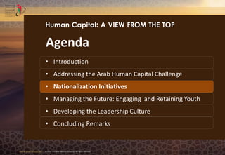 www.emiratesid.ae © 2013 Emirates Identity Authority. All rights reserved
Agenda
• Introduction
• Addressing the Arab Human Capital Challenge
• Nationalization Initiatives
• Managing the Future: Engaging and Retaining Youth
• Developing the Leadership Culture
• Concluding Remarks
Human Capital: A VIEW FROM THE TOP
 
