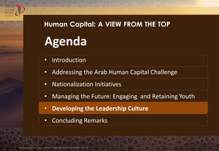 www.emiratesid.ae © 2013 Emirates Identity Authority. All rights reserved
Agenda
• Introduction
• Addressing the Arab Human Capital Challenge
• Nationalization Initiatives
• Managing the Future: Engaging and Retaining Youth
• Developing the Leadership Culture
• Concluding Remarks
Human Capital: A VIEW FROM THE TOP
 