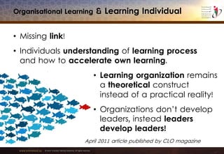 www.emiratesid.ae © 2013 Emirates Identity Authority. All rights reserved
Organisational Learning & Learning Individual
• Learning organization remains
a theoretical construct
instead of a practical reality!
• Organizations don’t develop
leaders, instead leaders
develop leaders!
April 2011 article published by CLO magazine
• Missing link!
• Individuals understanding of learning process
and how to accelerate own learning.
 
