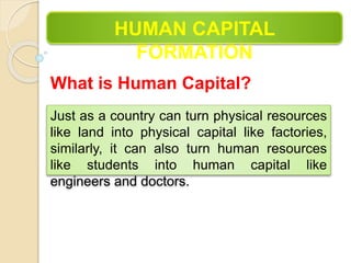 HUMAN CAPITAL
FORMATION
What is Human Capital?
Just as a country can turn physical resources
like land into physical capital like factories,
similarly, it can also turn human resources
like students into human capital like
engineers and doctors.
 