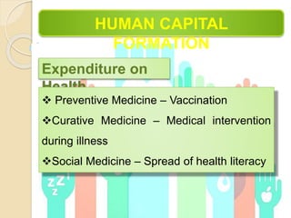 HUMAN CAPITAL
FORMATION
Expenditure on
Health
 Preventive Medicine – Vaccination
Curative Medicine – Medical intervention
during illness
Social Medicine – Spread of health literacy
 