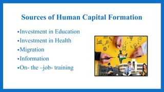 Sources of Human Capital Formation
•Investment in Education
•Investment in Health
•Migration
•Information
•On- the –job- training
 