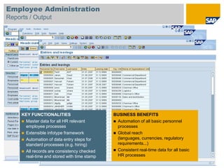 Employee Administration
Reports / Output




     KEY FUNCTIONALITIES                      BUSINESS BENEFITS
      Master data for all HR relevant         Automation of all basic personnel
       employee processes                       processes
      Extensible infotype framework           Global reach
      Automation of data entry steps for       (languages, currencies, regulatory
       standard processes (e.g. hiring)         requirements...)
      All records are consistency checked     Consistent real-time data for all basic
       real-time and stored with time stamp     HR processes
 