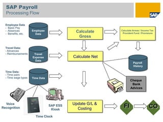 SAP Payroll
  Processing Flow

  Employee Data
  - Basic Pay
  - Absences          Employee               Calculate      Calculate Arreas / Income Tax
  - Benefits, etc.      Data                                 Provident Fund / Provisions
                                              Gross

  Travel Data:
  - Advances
  - Reimbursements     Travel
                      Expense               Calculate Net
                        Data
                                                                      Payroll
                                                                      History

  Time Data:
  - Time pairs
  - Time wage types   Time Data
                                                                    Cheque
                                                                     Bank
                                                                    Advices




  Voice                                     Update G/L &
Recognition
                                  SAP ESS
                                   Kiosk      Costing         FI                    CO
                        Time Clock
 