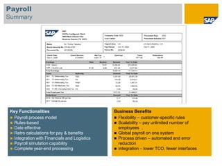 Payroll
Summary




 Key Functionalities                           Business Benefits
  Payroll process model                        Flexibility – customer-specific rules
  Rules-based                                  Scalability – pay unlimited number of
  Date effective                                employees .
  Retro calculations for pay & benefits        Global payroll on one system
  Integration with Financials and Logistics    Process driven – automated and error
  Payroll simulation capability                 reduction
  Complete year-end processing                 Integration – lower TCO, fewer interfaces
 