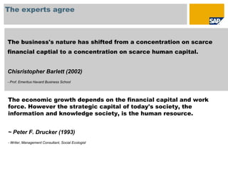 The experts agree



The business's nature has shifted from a concentration on scarce
financial captial to a concentration on scarce human capital.


Chisristopher Barlett (2002)
- Prof. Emeritus Havard Business School




The economic growth depends on the financial capital and work
force. However the strategic capital of today's society, the
information and knowledge society, is the human resource.


~ Peter F. Drucker (1993)
- Writer, Management Consultant, Social Ecologist
 