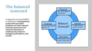 The balanced
scorecard
A balanced scorecard (BSC)
is defined as a management
system that provides
feedback on both internal
business processes and
external outcomes to
continuously improve
strategic performance and
results.
 