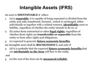 Intangible Assets (IFRS)
An asset is IDENTIFIABLE if either:
1. (a) is separable, it is capable of being separated or divided from the
entity and sold, transferred, licensed, rented or exchanged, either
individually or together with a related contract, identifiable asset or
liability, regardless of whether the entity intends to do so; or
2. (b) arises from contractual or other legal rights, regardless of
whether those rights are transferable or separable from the
entity or from other rights and obligations.
3. (c) expected to generate future economic benefits.
An intangible asset shall be RECOGNIZED if, and only if:
4. (d) it is probable that the expected future economic benefits that
are attributable to the item will flow to the entity.
and
5. (e) the cost of the item can be measured reliably.
 