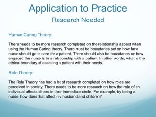 Application to Practice
Research Needed
Human Caring Theory:
There needs to be more research completed on the relationship aspect when
using the Human Caring theory. There must be boundaries set on how far a
nurse should go to care for a patient. There should also be boundaries on how
engaged the nurse is in a relationship with a patient. In other words, what is the
ethical boundary of assisting a patient with their needs.
Role Theory:
The Role Theory has had a lot of research completed on how roles are
perceived in society. There needs to be more research on how the role of an
individual affects others in their immediate circle. For example, by being a
nurse, how does that affect my husband and children?
 