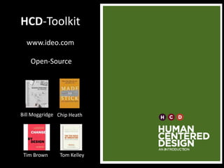 HCD-Toolkit
  www.ideo.com

    Open-Source




Bill Moggridge Chip Heath




 Tim Brown     Tom Kelley
 
