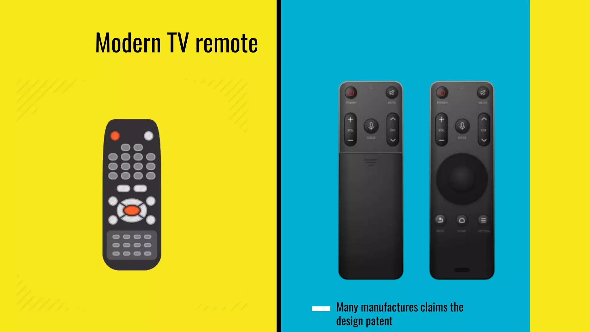 Modern TV remote
Many manufactures claims the
design patent
 