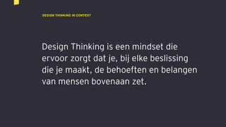 Het Human Centered Design proces
INSPIRATION IDEATION IMPLEMENTATION
IDEATE VALIDATERESEARCH STRATEGIZE BUILD IMPROVE
Disc...