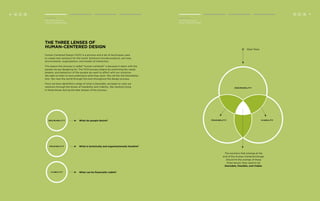 6 H C D C D 
THE THREE LENSES OF 
HUMAN-CENTERED DESIGN 
Human-Centered Design (HCD) is a process and a set of techniques used 
to create new solutions for the world. Solutions include products, services, 
environments, organizations, and modes of interaction. 
The reason this process is called “human-centered” is because it starts with the 
people we are designing for. The HCD process begins by examining the needs, 
dreams, and behaviors of the people we want to affect with our solutions. 
We seek to listen to and understand what they want. We call this the Desirability 
lens. We view the world through this lens throughout the design process. 
Once we have identified a range of what is Desirable, we begin to view our 
solutions through the lenses of Feasibility and Viability. We carefully bring 
in these lenses during the later phases of the process. 
Start Here 
The solutions that emerge at the 
end of the Human-Centered Design 
should hit the overlap of these 
three lenses; they need to be 
Desirable, Feasible, and Viable. 
What do people desire? 
What is technically and organizationally feasible? 
What can be financially viable? 
Desira bilit y 
FEASIBILITY 
Via bilit y 
Desira bilit y 
FEASIBILITY Via bilit y 
H 7 
Introduction 
The Three Lenses of 
Human Centered Design 
Introduction 
The Three Lenses of 
Human Centered Design 
 