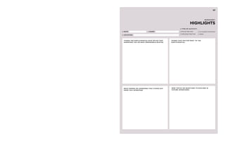 HIGHLIGHTS 
» T ype of Acti vit y: 
Group Interview 
Individual Interview 
» Date : 
» LOcATION: 
» N ame : 
In-Context Immersion 
Other 
Things that matter most to the 
partici pant (s): 
Things the partici pant (s) said or did that 
sur prised you or most memora ble quotes : 
Main themes or learnings that stood out 
from this inter view: 
worksheet : 
New to pics or questions to ex plore in 
future inter views: 
187 
 