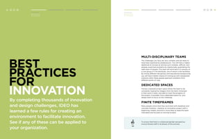 12 H C D H C D 13 
BEST 
PRACTICES 
FOR 
Innovation 
By completing thousands of innovation 
and design challenges, IDEO has 
learned a few rules for creating an 
environment to facilitate innovation. 
See if any of these can be applied to 
your organization. TIP 
Multi-Disciplinary TeaMS 
The challenges you face are very complex and are likely to 
have been explored by predecessors. You will have a higher 
likelihood of success at solving such complex, difficult, and 
already-examined problems by intentionally assembling the 
right team of people. This team will work best if it consists of 
a core group of 3-8 individuals, one of whom is the facilitator. 
By mixing different disciplinary and educational backgrounds, 
you will have a better chance of coming up with unexpected 
solutions when these people approach problems from 
different points of view. 
Dedicated Spaces 
Having a separate project space allows the team to be 
constantly inspired by imagery from the field, immersed 
in their post-it notes, and able to track the progress of 
the project. If possible, find a dedicated space for your 
design team to focus on the challenge. 
Finite Timeframes 
Many people notice that they work best with deadlines and 
concrete timelines. Likewise, an innovation project with a 
beginning, middle, and end is more likely to keep the team 
motivated and focused on moving forward. 
To ensure that there is a balanced gender perspective, 
involve female staff in all phases of this process. 
Introduction 
Best Practices 
for Innovation 
Introduction 
Best Practices 
for Innovation 
 