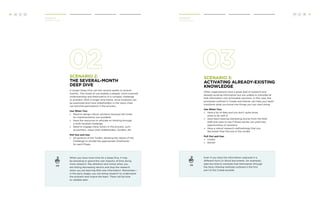 16 H C D H C D 17 
Scenario 2: 
The several-month 
Deep Dive 
A longer Deep Dive can last several weeks to several 
months. This mode of use enables a deeper, more nuanced 
understanding and theorization of a complex challenge 
or problem. With a longer time frame, more locations can 
be examined and more stakeholders in the value chain 
can become participants in the process. 
Use When You: 
» Need to design robust solutions because the funds 
for implementation are available. 
» Have the resources to allocate on thinking through 
a multi-faceted challenge. 
» Need to engage many actors in the process, such 
as partners, value chain stakeholders, funders, etc. 
Pull Out and Use: 
» All sections of the Toolkit, allowing the nature of the 
Challenge to dictate the appropriate timeframes 
for each Phase. 
TIP 
When you have more time for a Deep Dive, it may 
be tempting to spend the vast majority of time doing 
more research. Pay attention and notice when you 
are hitting decreasing returns and stop the research 
when you are learning little new information. Remember— 
in the early stages, you are doing research to understand 
the problem and inspire the team. There will be time 
to validate later. 
Scenario 3: 
activating already-existing 
knowledge 
Often organizations have a great deal of research and 
already-existing information but are unable to translate all 
that information into actionable solutions. In this case, the 
processes outlined in Create and Deliver can help your team 
transform what you know into things you can start doing. 
Use When You: 
» Have a lot of data and you don’t quite know 
what to do with it. 
» Have been hearing interesting stories from the field 
staff and want to see if those stories can yield new 
opportunities or solutions. 
» Have a robust research methodology that you 
like better than the one in this toolkit. 
Pull Out and Use: 
» Create 
» Deliver 
TIP 
Even if you have the information captured in a 
different form (in Word documents, for example), 
take the time to translate that information through 
the Story Sharing methods outlined in the first 
part of the Create booklet. 
Introduction 
Scenarios of Use 
Introduction 
Scenarios of Use 
 