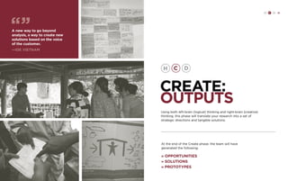 H C D 81 
CREATE: 
OUTPUTS 
Using both left-brain (logical) thinking and right-brain (creative) 
thinking, this phase will translate your research into a set of 
strategic directions and tangible solutions. 
At the end of the Create phase, the team will have 
generated the following: 
» Opportunities 
» Solutions 
» Prototypes 
A new way to go beyond 
analysis, a way to create new 
solutions based on the voice 
of the customer. 
—IDE vietnam 
 