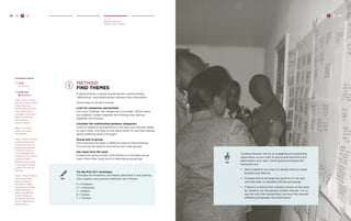 98 H C D 
Create 
Identity Patterns 
Method: Find Themes 
method: 
find themes 
Finding themes is about exploring the commonalities, 
differences, and relationships between the information. 
Some ways to do this include: 
Look for categories and buckets 
Sort your findings into categories or buckets. Which ideas 
are related? Cluster together the findings that belong 
together into themes. 
Consider the relationship between categories 
Look for patterns and tensions in the way your themes relate 
to each other. Are they on the same level? Or are they talking 
about different kinds of things? 
Group and re-group 
Slice and dice the data in different ways to find meaning. 
Try moving the post-its around to form new groups. 
Get input from the team 
Explain the early buckets and themes to a broader group. 
Learn from their input and try alternative groupings. 
TRY 
Try the P.O.I.N.T. technique 
Translate the Problems and Needs identified in storytelling 
into Insights (see previous Method) and Themes. 
P = Problems 
O = Obstacles 
I = Insights 
N = Needs 
T = Themes 
TIP 
Creating themes can be an engaging and rewarding 
experience, as you start to group and transform the 
data before your eyes. Some good techniques for 
doing this are: 
» Work together as a team to decide how to create 
buckets and themes. 
» Arrange and re-arrange the post-its on the wall 
until the team is satisfied with the groupings. 
» If there is a theme that contains almost all the post-its, 
break it out into several smaller themes. Try to 
see not only the connections, but also the relevant 
differences between the information. 
H C D 99 
Facilitator Notes 
Time: 
30-60 mins. 
Difficulty: 
Step 1. Have the team 
go to the wall or board 
where they have 
placed their key story 
and insight post-its 
and select the 5 most 
interesting quotes, 
observations 
and/or insights. 
Step 2. On a new 
board, sort these 
into themes. 
Step 3. Check to make 
sure the themes are 
at the same level. If a 
theme is too specific, 
prompt the team to 
find the bigger idea. 
If a theme is too broad 
or has too many 
different ideas under 
it, ask them to break 
it down into several 
buckets. 
Step 4. When finished 
sorting, give each 
theme a title on a 
new post-it. Make 
sure there is enough 
space between or 
below the different 
theme categories 
to facilitate the next 
step of opportunity 
identification. 
 