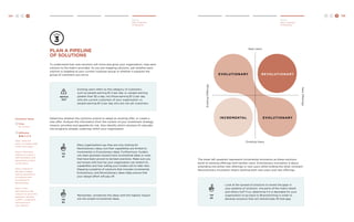 134 H C D H C D 135 
Deliver 
Plan a Pipeline 
of Solutions 
Deliver 
Plan a Pipeline 
of Solutions 
To understand how new solutions will move and grow your organization, map each 
solution to the matrix provided. As you are mapping solutions, ask whether each 
solution is targeted at your current customer group or whether it expands the 
group of customers you serve. 
Determine whether the solutions extend or adapt an existing offer, or create a 
new offer. Analyze this information from the context of your investment strategy, 
mission, priorities and appetite for risk. Also identify which solutions fit naturally 
into programs already underway within your organization. 
Evolutionar y REvolutionar y 
Incremental EVOLUTIONARY 
The lower left quadrant represents Incremental innovation as these solutions 
build on existing offerings with familiar users. Evolutionary innovation is about 
extending into either new offerings or new users while holding the other constant. 
Revolutionary innovation means tackling both new users and new offerings. 
Plan a pipeline 
of solutions 
New Users 
Existing Offerings 
New Offerings 
Existing Users 
WATCH 
OUT 
Existing users refers to the category of customers, 
such as people earning $1-2 per day vs. people earning 
greater than $2 a day, not those earning $1-2 per day 
who are current customers of your organization vs. 
people earning $1-2 per day who are not yet customers. 
TIP 
#3 
TIP 
#1 
TIP 
#2 
Look at the spread of solutions to reveal the gaps in 
your pipeline of solutions. Are parts of the matrix blank 
and others full? If so, determine if it is desirable for your 
organization to go back to Brainstorming in order to 
develop solutions that will intentionally fill that gap. 
Many organizations say they are only looking for 
Revolutionary ideas, but their capabilities are limited to 
Incremental or Evolutionary ideas. Furthermore, funders 
can steer grantees toward more incremental ideas or ones 
that have been proven to be best practices. Make sure you 
are honest with how far your organization can stretch its 
capabilities and how willing your funders are to take risks. 
Mapping a pipeline of solutions that includes Incremental, 
Evolutionary, and Revolutionary ideas helps ensure that 
your design effort will pay off. 
Remember, sometimes the ideas with the highest impact 
are the simple Incremental ideas. 
Facilitator Notes 
Time: 
30-45 mins. 
Difficulty: 
Step 1: Draw the 
matrix on a large sheet 
of flip-chart paper. 
Step 2: Write each 
solution on a post-it 
note and place in the 
appropriate position 
on the matrix. 
Step 3. Analyze if 
the team is happy 
with the distribution 
of solutions from 
Incremental to 
Revolutionary. 
Step 4. If the 
team wants to add 
solutions to one of the 
quadrants, develop 
a HMW...? statement 
and brainstorm 
new solutions. 
 