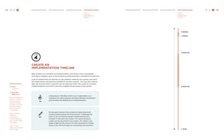 138 H C D H C D 139 
Deliver 
Create an 
Implementation 
Timeline 
Deliver 
Create an 
Implementation 
Timeline 
create an 
implementation timeline 
Map solutions to a timeline of implementation, with those in the Incremental 
innovation category early in the timeline and Revolutionary innovations further out. 
Look at relationships of solutions to see whether initiating one solution will build 
the relationships and partners needed for another solution. You may also need to 
take into account which solutions can be explored within the scope of currently 
funded programs and which solutions suggest the proposal of new grants. 
2 w eeks 
1 month 
3 Months 
6 Months 
1 Year 
TIP 
Assigning an individual within your organization as a 
champion for each solution will help maintain momentum 
and increase the likelihood of implementation. 
TRY 
Divide each solution into a series of steps that build 
toward implementing the final solution. Challenge the 
team to do something toward implementing each 
solution in the next two weeks. For some solutions, 
a pilot can be launched in two weeks. For others, two 
weeks might be the amount of time required for further 
study or for the first steps to connecting with partners. 
Facilitator Notes 
Time: 
15-30 mins. 
Difficulty: 
Step 1: Create post-it 
notes for a timeline 
(such as 2 weeks, 1 
months, 3 months, 
6 months, 1 year) and 
post them along a 
large blank wall 
in your office. 
Step 2: Post the 
Feasibility 
Assessments 
or post-it notes for 
each solution along 
the timeline. 
Step 3. Assign 
champions to pursue 
the next steps. 
 