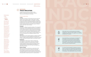 146 H C D TRACK 
INDICA 
TORS 
TRACK 
INDICA 
Deliver 
Create a Learning Plan 
Method: Track Indicators 
method: 
Track Indicators 
Indicators help you measure the effects of your 
solutions. These effects can be positive or negative. 
They can also be intended or unintended. 
Facilitator Notes 
Time: 
2-3 Hours 
Difficulty: 
Step 1. Ask the team 
to refer back to the 
Theory of Change 
and to your holistic 
impact assessment 
stakeholder map. 
Step 2. Focus on each 
stakeholder and/or 
step and for each one, 
list the information 
you would like to learn. 
For example, if the 
solution is focused on 
increasing women’s 
income opportunities 
and the men in the 
community are a 
stakeholder, you might 
want to know how the 
solution is affecting 
the incomes and time 
allocations of both 
men and women. 
Step 3. For each 
stakeholder and/or 
step, ask: Are there 
leading indicators we 
should be tracking? 
Are there analogous 
indicators we can 
track? How can we 
measure awareness 
and engagement? 
How will we track 
and understand 
the dynamics of 
transformation that 
are occurring? 
Step 4. If possible, 
include constituents 
and other stakeholders 
directly in this process. 
WATCH 
OUT 
Often teams look for only the positive and intended 
consequences. To get a full view of impact, it is critical to 
challenge yourself to look for the negative and unintended 
consequences of solutions. 
TIP 
#1 
TIP 
#2 
Ask yourself what you would expect to see happening 
if the solutions were improving the lives of people. 
For example, if your goal was to increase household 
income, would women starting more businesses be an 
early indicator? If your goal was to increase childhood 
vaccinations, would the number of casual conversations 
about vaccines be a possible indicator? 
It is critical to track the effects of solutions on men and 
women, young and old, empowered and disempowered – 
even if your ideas are focused on other groups. Often the 
group that is not the intended audience for the solutions 
is a key player in the implementation and use of solutions. 
TYPES OF INDICATORS 
Leading 
The impact of solutions can often take some time to become 
evident, such as months or years. In these cases, it makes 
sense to track leading indicators. For example, if your goal is 
to reduce the number of unwanted pregnancies (an effect that 
will take at least nine months to see), a leading indicator would 
be adherence to birth control. If your goal is to increase farmer 
income, a leading indicator would be the number of farmers 
growing high-value crops this season. 
Analogous 
Sometimes it is difficult to see direct impacts. This is especially 
true when your design challenge is about trust or prevention. 
In these cases, try to find an indicator that would logically lead 
you to conclude whether your goal is being met. For example, 
on a project to increase trust of healthcare providers, the team 
tracked the number of questions people asked doctors and 
nurses. Since trust is hard to measure, the team decided to use 
the posing of questions as an analogous indicator of trust. 
Awareness 
When the goal involves people engaging or adopting something 
new, the first step is to know whether they are aware of the 
solution or design. Measuring awareness is a good early indicator 
to help understand how big the impact of the solution may be. 
Engagement 
Like awareness, measuring the number of people who 
are engaged in a new program is often very meaningful. 
For example, if the goal is to increase women’s incomes 
through a program to export local art, the number of women 
actively seeking out and participating in the program is a 
meaningful indication of how much impact the program may 
have on local incomes. 
Dynamic Changes 
When a new solution is introduced, it is important to track 
the changes over time that occur within the community, 
within households, and to the environment. These shifts can 
be completely unexpected, and are sometimes positive and 
sometimes negative. Its crucial to lookout out for these changes 
and unintended consequences early on in implementation. 
H C D 147 
 