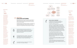 148 H C D H C D 149 
Deliver 
Create a Learning Plan 
Method: Evaluate Outcomes 
Deliver 
Create a Learning Plan 
Method: Evaluate Outcomes 
method: 
Evaluate Outcomes 
Measuring outcomes is critical to the learning cycle. Without a 
good assessment of the impact a solution has made, there is 
often not enough information about the direction or goals for 
the next round of designs. 
Assessing outcomes is important for everyone – the implementer, 
the funder, the design team, and the community. Outcome 
measurement helps people understand where to best invest their 
resources. It is an opportunity to assess and plan for the future. 
Facilitator Notes 
Time: 
1-2 Hours 
Difficulty: 
Step 1. Evaluation has 
many stakeholders, 
including constituents, 
community leaders, 
government officers, 
funders, and others. 
When developing 
a plan to evaluate 
outcomes and impact, 
engage as many of 
these stakeholders as 
possible in the creation 
of your evaluation and 
learning plan. What 
will success look like 
from these multiple 
perspectives? 
Step 2. Have the 
team discuss 
various qualitative 
and quantitative 
measurement 
methods. Refer 
to methods that 
have been tried as 
best practices, and 
brainstorm new 
methods that might be 
necessary to achieve 
your specific goals. 
Which of these are 
appropriate for the 
challenge? Which of 
these methods speak 
to the interests and 
goals of the different 
stakeholders? 
Step 3. Develop a plan 
that includes the right 
mix of qualitative and 
quantitative methods 
that will help the team 
keep learning about 
how to improve upon 
solutions and how to 
deliver those solutions 
more effectively. 
WATCH 
OUT 
Outcome evaluation should not be a hurdle to the 
implementers, grantees, or design team. By viewing this 
phase as a continuation of design and opportunity for 
learning, outcome measurement can be a rewarding 
experience for everyone. 
TIP 
The measurement process is iterative – return to stories 
and feedback based on learnings from quantitative 
measurements, and use stories and feedback to discover 
which variables to include in quantitative studies. 
TRY 
#1 
TRY 
#2 
Use evaluation results as an opportunity for reflection 
and creation of new design challenges. 
Siblings 
Children 
Parents 
Environment 
HOLISTIC IMPACT ASSESSMENT 
To assess the impact of a solution, program, 
or intervention, it is important to take a systemic 
and holistic view. Try the following exercise, 
or develop a method of your own. 
1. Map or list all the stakeholders that your solution 
might touch – in positive, negative, or neutral ways. 
Try to create a complete list with many actors. A mind 
map format works well for this exercise. Remember to 
include stakeholders that your team may not be focused 
on, such as: funders, people in the same community 
or adjacent communities who are not receiving direct 
benefits, and non-human stakeholders such as animals, 
the environment, and natural resources. Put this map or 
list in a place where you can refer to it often. 
2. As you see and track the effects of a solution, 
write the effects on the list or map. Color code the 
actors that receive benefits from the solution and 
those that experience negative effects. If possible, 
quantify the value of the effects with a standardized 
measurement system. 
3. Using this learning, continue to iterate on the solutions 
to find ways to increase the positive effects and lessen 
negative effects. 
4. Examine the solution’s net value Use this exercise as 
a way to continue learning and challenge the team to 
improve on solutions in order to make the outcomes more 
and more positive. 
Facilitator Notes 
Time: 
1-2 Hours 
Difficulty: 
Step 1. List the different 
stakeholders in the 
system or develop a map. 
To develop a mind map, 
first write the name of the 
solution on a large poster 
or board. 
Step 2. Draw a line from 
the solution to the primary 
stakeholders who will be 
affected by the solution. 
Step 3. From each primary 
stakeholder, draw a line 
and list the secondary 
stakeholders that will be 
affected by the solution. 
Step 4. Keep going by 
mapping more and more 
stakeholders, including 
human and non-human 
stakeholders. When you 
are finished, have the 
team assess which of 
the stakeholders might be 
better off as a result of the 
solution, and which might 
be negatively affected. 
Step 5. Develop methods 
and techniques to 
measure the impact on 
the stakeholders who 
might be both positively 
and negatively affected. 
Step 6. Hang the map in 
a place where people can 
refer to it often. Capture 
thoughts and learnings in 
a section of the map so 
that it becomes a living 
document for helping the 
team learn and engage 
in discussion. 
Improved 
nutrition 
Funders Employers 
Water 
Pesticides 
NGO 
Suppliers 
 