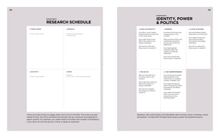 158 159 
Worksheet : 
IDENTITY, POWER 
& POLITICS 
6 
» R ace & E thnicit y 
Are ethnic, racial, and/or 
tribal distinctions important 
in this community? 
How might these issues 
affect the research and 
design challenge? 
How will you deal with 
these issues in research? 
» GENDER 
Do women and men have 
unequal status in this 
context? 
What activities within and 
outside the household 
do men and women do 
differently? 
How might gender 
inequality affect the 
research and design 
challenge? 
How will you deal with 
these issues in research? 
» C lass & I ncome 
Are communities divided 
along class or income lines? 
How might income and 
class divisions affect 
the research and design 
challenge? 
How will you deal with 
these issues in research? 
» T HE disem powered 
Are any groups of people 
disempowered in this 
community (i.e. landless, 
children, disabled, etc)? 
How might the perspec-tives 
of these groups affect 
the research and design 
challenge? 
How might the research 
take into account the 
perspectives of the 
disempowered? 
» T HE E LITE 
Who are the political or 
economic elites in this 
context? 
How might their influence 
affect the research or 
design challenge? 
How will you mitigate 
the influence of elites in 
research? 
Worksheet : 
RESEARCH SCHEDULE 
5 
» Date 
Example: 
7 June / 8:00 - 10:00 (including setup) 
» T EAM L EADS 
2 Teams: Asha & Anand 
» ACTIVITY 
Village 1 Group Meeting 
» D etails 
2 groups of 10 participants 
/ mixed gender 
There are many things to juggle when you’re out in the field. The more you plan 
ahead of time, the more smoothly the process will go. However, be prepared to 
adjust quickly; for example, you might need to increase the number of facilitators 
if you show up and the group is twice as large as expected. 
Research with communities and individuals often involves issues of identity, power, 
and politics. To help think through these issues, answer the questions above. 
 
