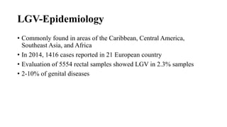 LGV-Epidemiology
• Commonly found in areas of the Caribbean, Central America,
Southeast Asia, and Africa
• In 2014, 1416 cases reported in 21 European country
• Evaluation of 5554 rectal samples showed LGV in 2.3% samples
• 2-10% of genital diseases
 