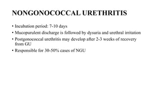 NONGONOCOCCAL URETHRITIS
• Incubation period: 7-10 days
• Mucopurulent discharge is followed by dysuria and urethral irritation
• Postgonococcal urethritis may develop after 2-3 weeks of recovery
from GU
• Responsible for 30-50% cases of NGU
 