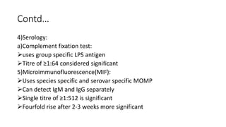 Contd…
4)Serology:
a)Complement fixation test:
uses group specific LPS antigen
Titre of ≥1:64 considered significant
5)Microimmunofluorescence(MIF):
Uses species specific and serovar specific MOMP
Can detect IgM and IgG separately
Single titre of ≥1:512 is significant
Fourfold rise after 2-3 weeks more significant
 