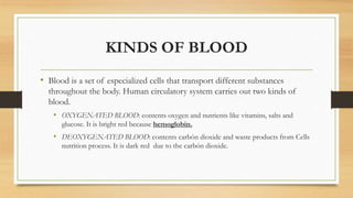 KINDS OF BLOOD
• Blood is a set of especialized cells that transport different substances
throughout the body. Human circulatory system carries out two kinds of
blood.
• OXYGENATED BLOOD: contents oxygen and nutrients like vitamins, salts and
glucose. It is bright red because hemoglobin.
• DEOXYGENATED BLOOD: contents carbón dioxide and waste products from Cells
nutrition process. It is dark red due to the carbón dioxide.
 