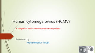 Human cytomegalovirus (HCMV)
In congenital and in immunocompromised patients
Presented by :
Mohammed Al Toubi
 