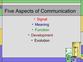 Five Aspects of Communication
• Signal
• Meaning
• Function
• Development
• Evolution
 