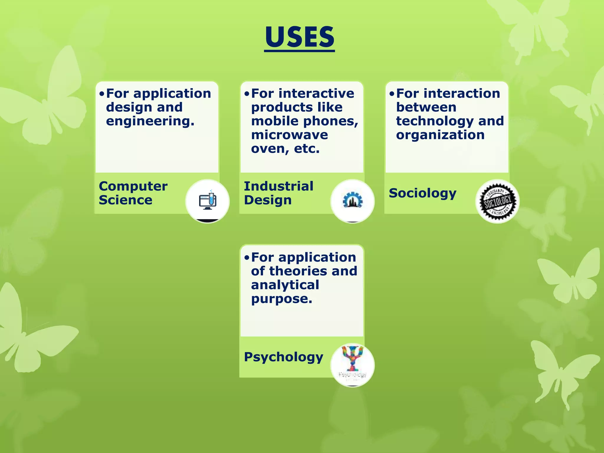 USES
•For application
design and
engineering.
Computer
Science
•For interactive
products like
mobile phones,
microwave
oven, etc.
Industrial
Design
•For interaction
between
technology and
organization
Sociology
•For application
of theories and
analytical
purpose.
Psychology
 