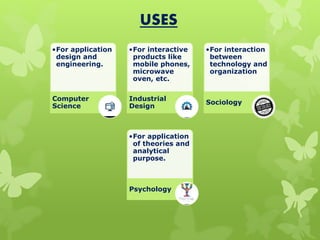 USES
•For application
design and
engineering.
Computer
Science
•For interactive
products like
mobile phones,
microwave
oven, etc.
Industrial
Design
•For interaction
between
technology and
organization
Sociology
•For application
of theories and
analytical
purpose.
Psychology
 